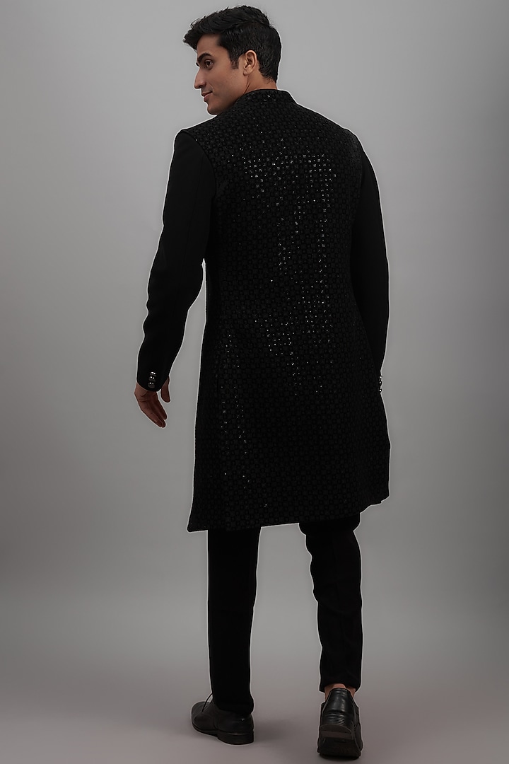 Black Japanese Suiting Fabric Embroidered Wedding Indowestern Jacket Set by RE CHANNEL at Pernia's Pop Up Shop