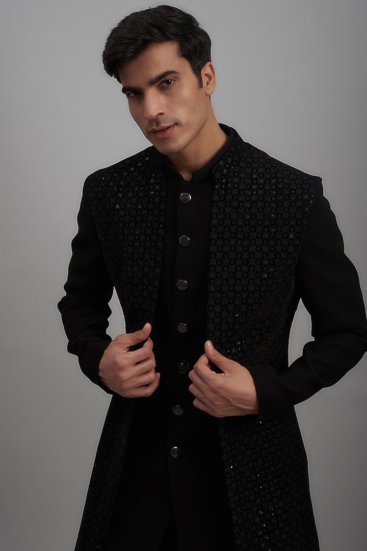 Black Japanese Suiting Fabric Embroidered Wedding Indowestern Jacket Set by RE CHANNEL at Pernia's Pop Up Shop