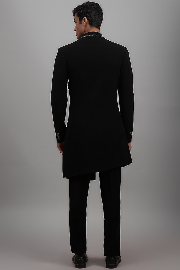 Black Japanese Suiting Fabric Embroidered Indowestern Jacket Set by RE CHANNEL at Pernia's Pop Up Shop