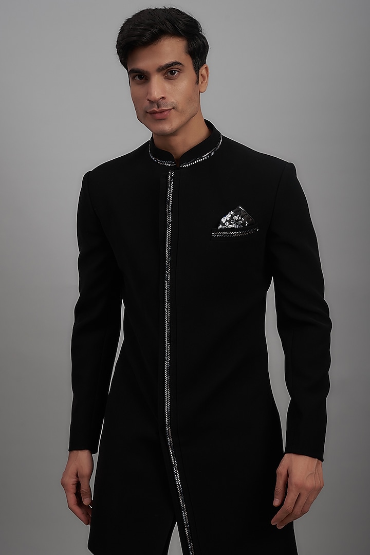 Black Japanese Suiting Fabric Embroidered Indowestern Jacket Set by RE CHANNEL at Pernia's Pop Up Shop