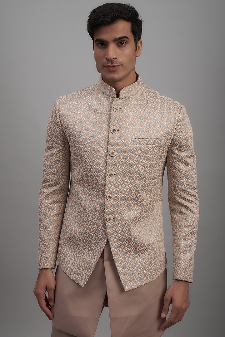 Beige Silk Embroidered Bandhgala Set by RE CHANNEL at Pernia's Pop Up Shop