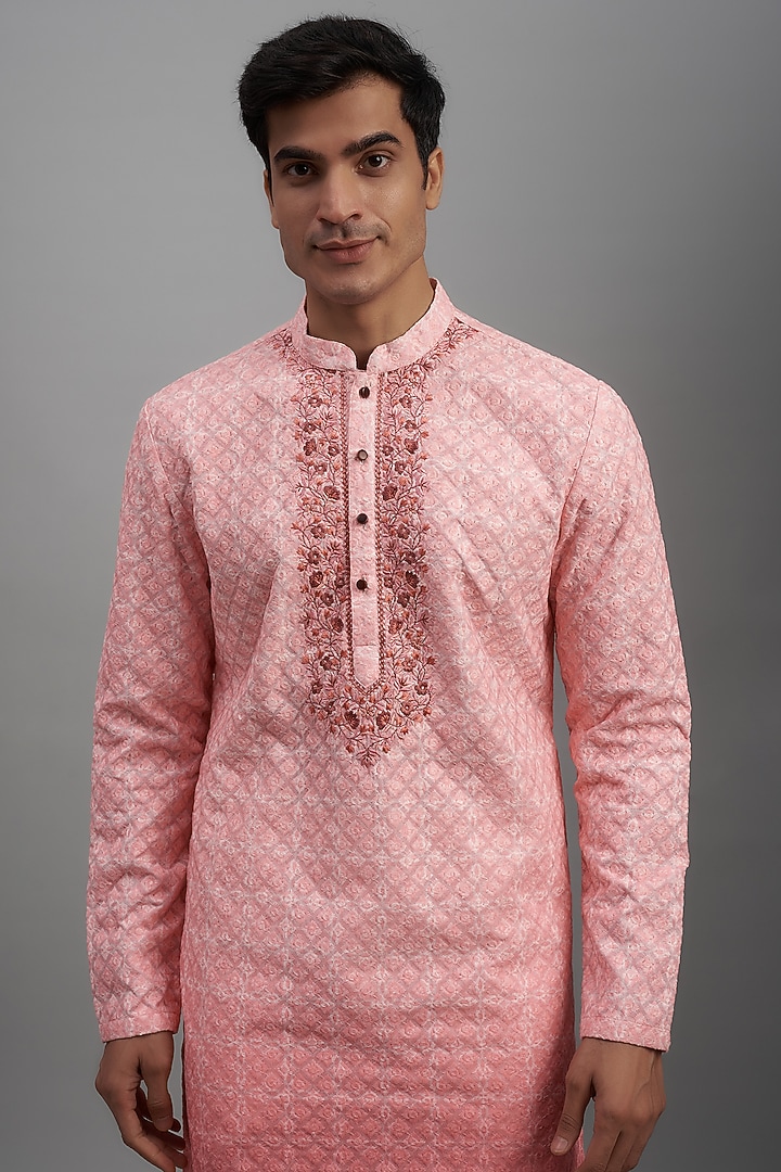 Pink Ombre Silk Embroidered Kurta Set by RE CHANNEL at Pernia's Pop Up Shop