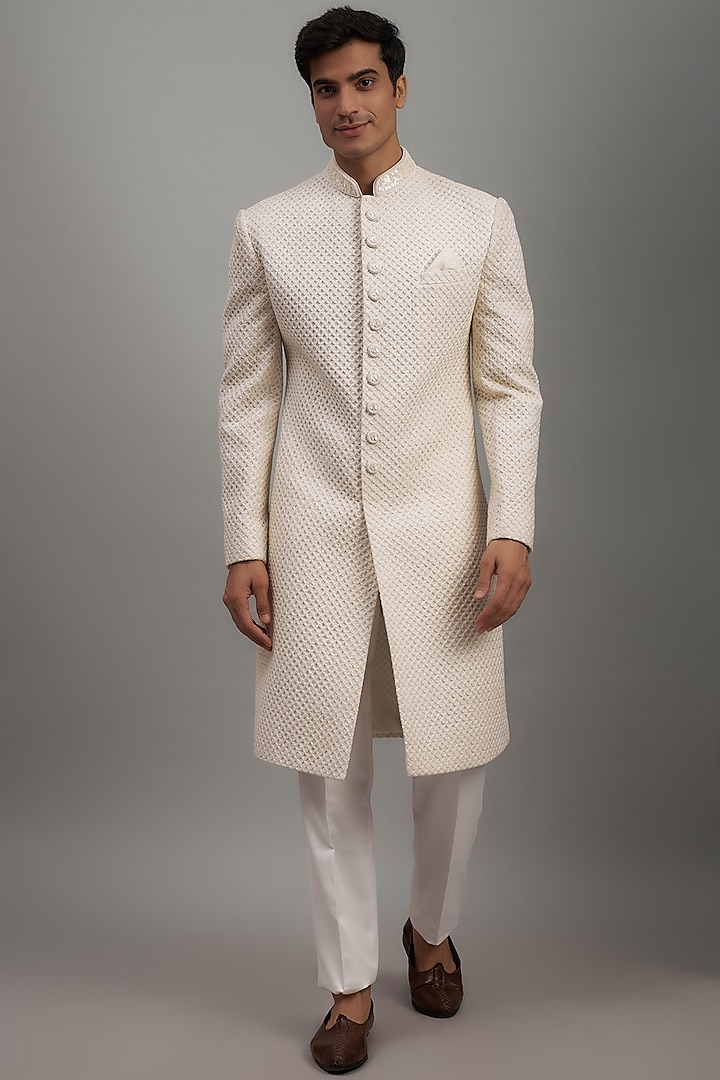Off-White Lucknowi Embroidered Sherwani Set by RE CHANNEL