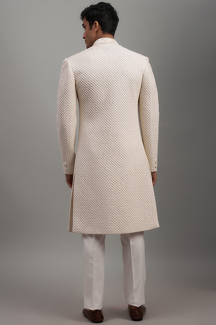 Off-White Lucknowi Embroidered Wedding Sherwani Set by RE CHANNEL at Pernia's Pop Up Shop