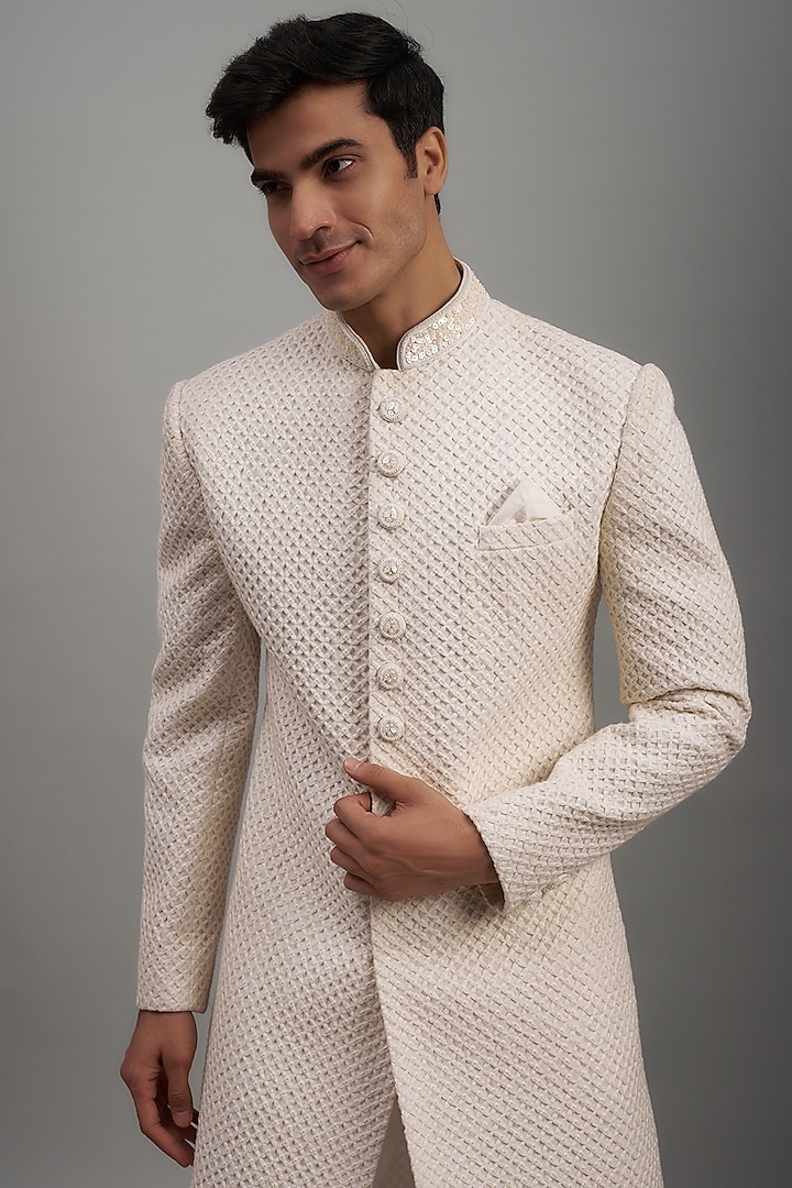 Off-White Lucknowi Embroidered Wedding Sherwani Set by RE CHANNEL at Pernia's Pop Up Shop