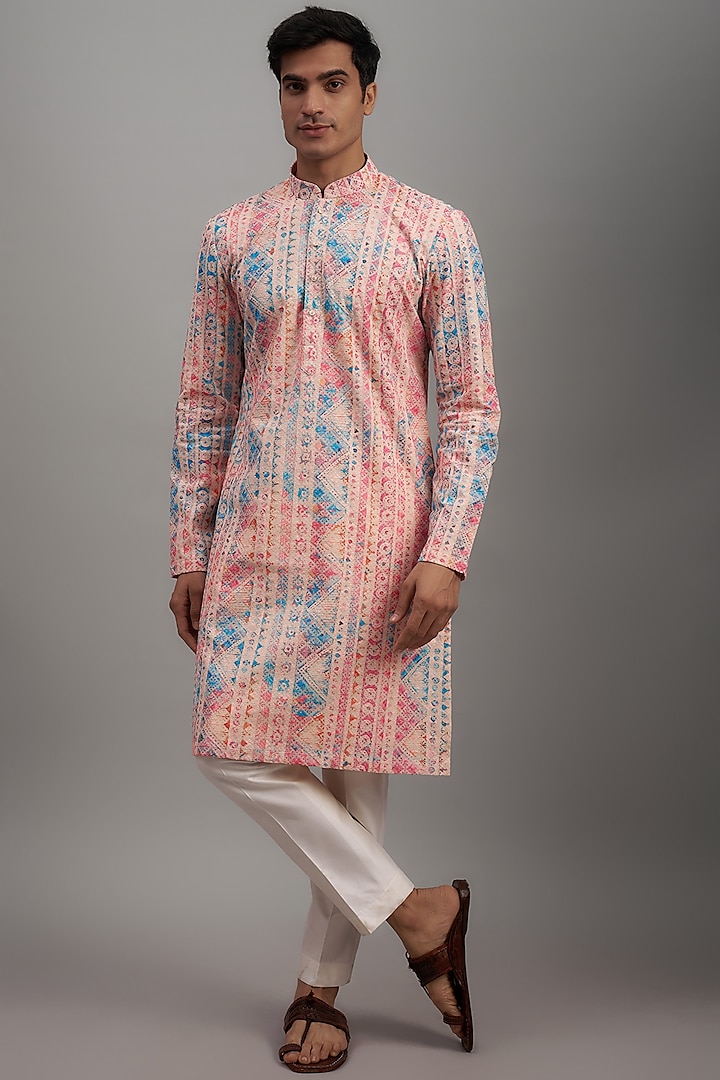Multi-Colored Silk Printed & Embroidered Kurta Set by RE CHANNEL at Pernia's Pop Up Shop