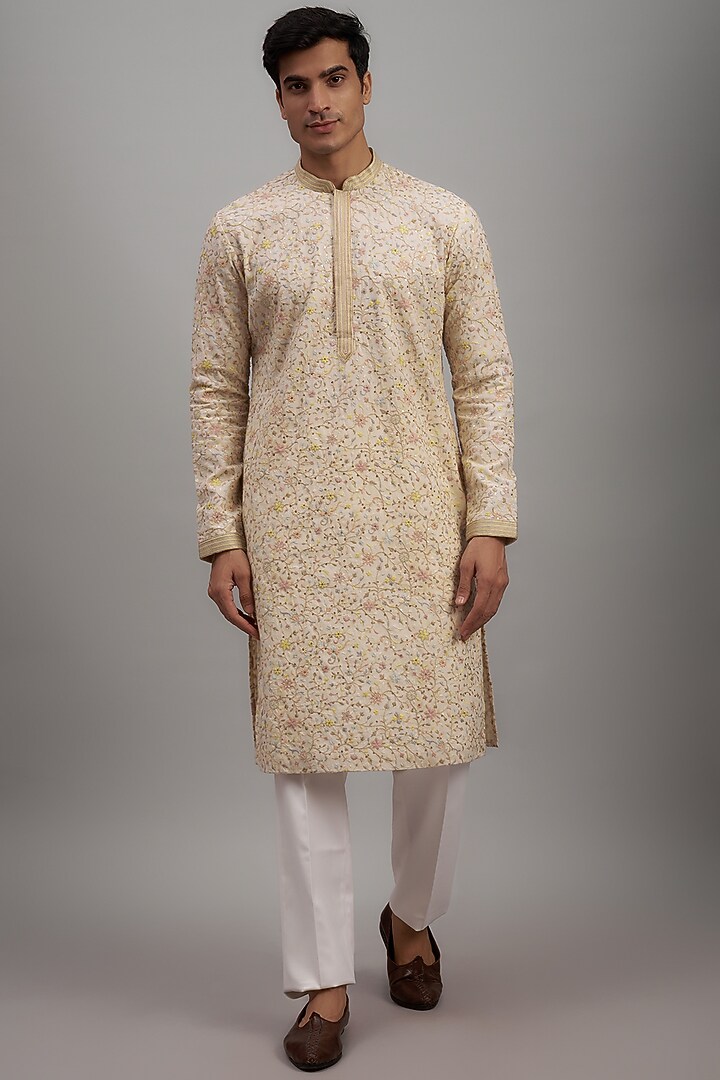 Beige Silk Embroidered Kurta Set by RE CHANNEL at Pernia's Pop Up Shop