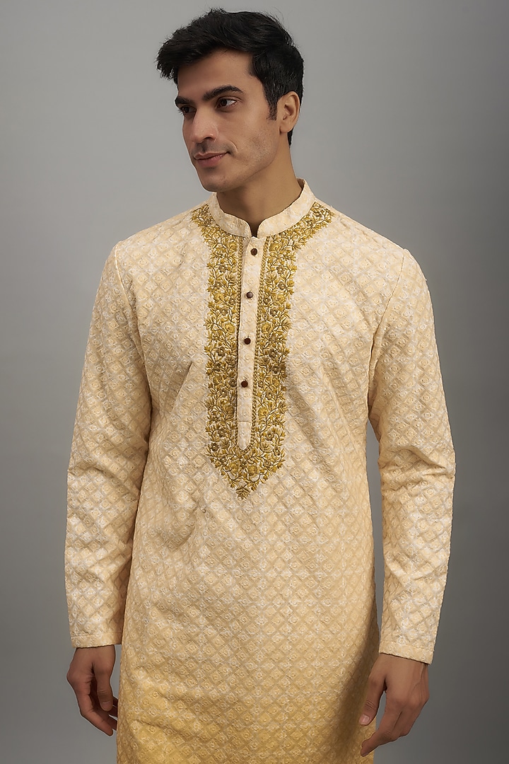 Yellow Ombre Silk Embroidered Kurta Set by RE CHANNEL at Pernia's Pop Up Shop