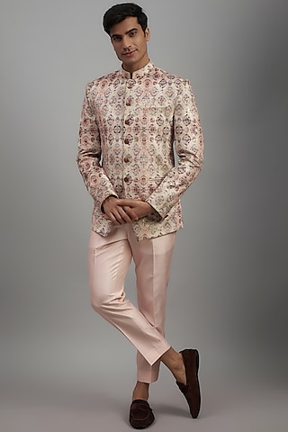 Peach Suede Foil Printed Jodhpuri Set by RE CHANNEL