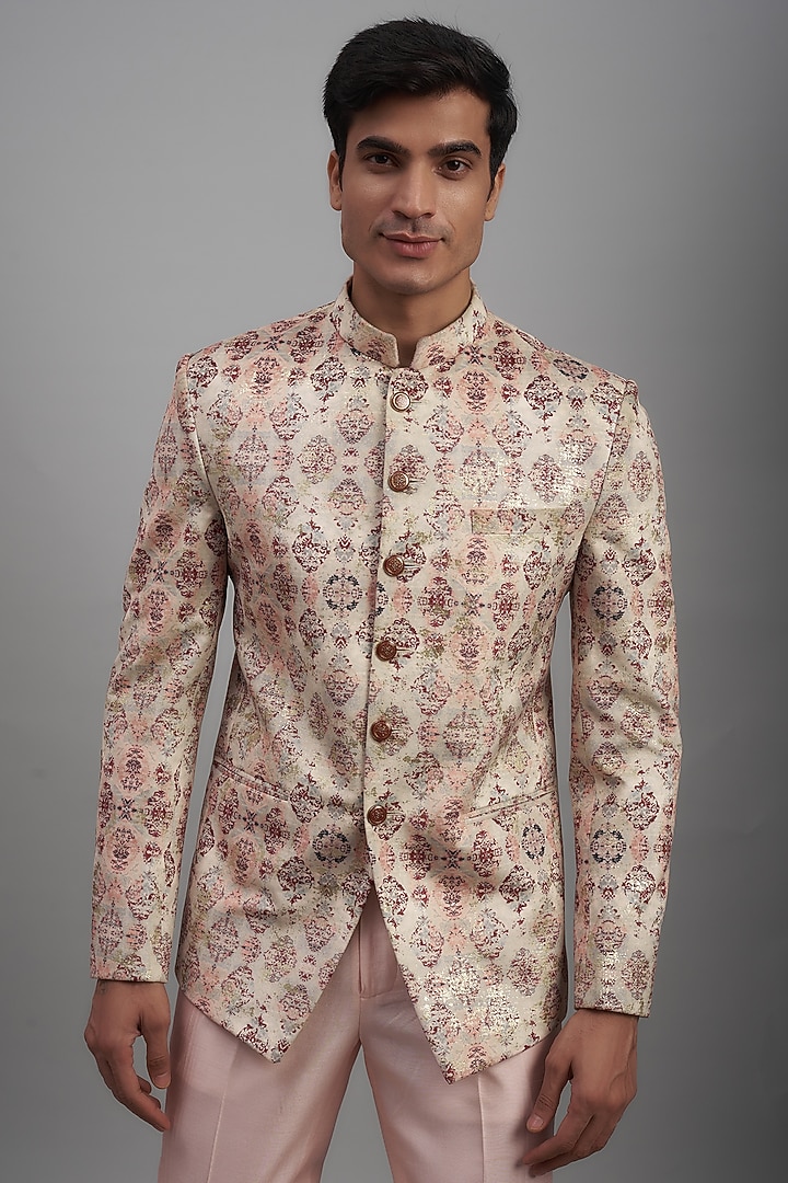 Peach Suede Foil Printed Jodhpuri Set by RE CHANNEL at Pernia's Pop Up Shop
