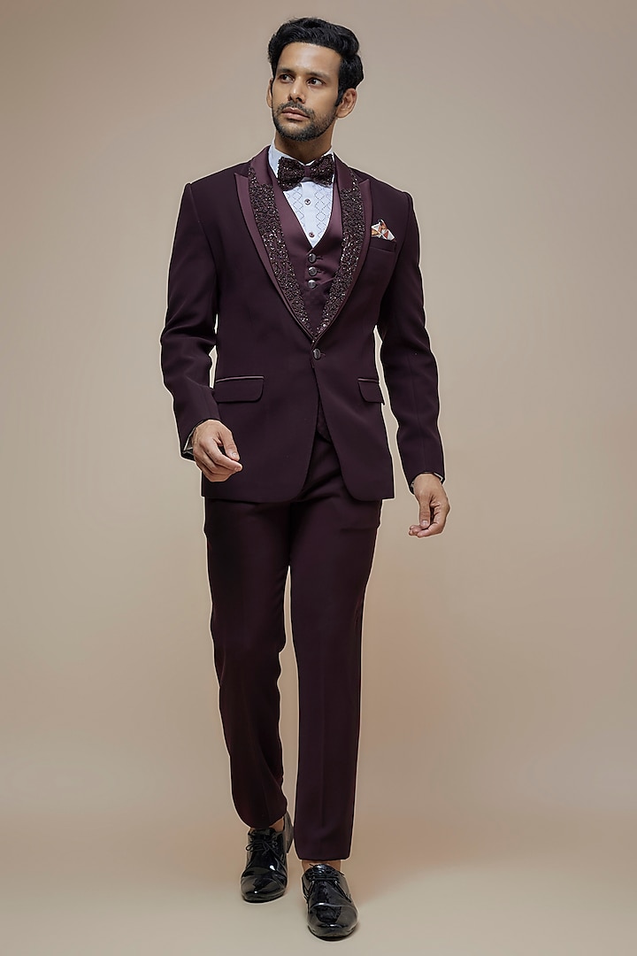 Wine Japanese Suiting French-Knot & Sequins Embroidered Tuxedo Set by RE CHANNEL