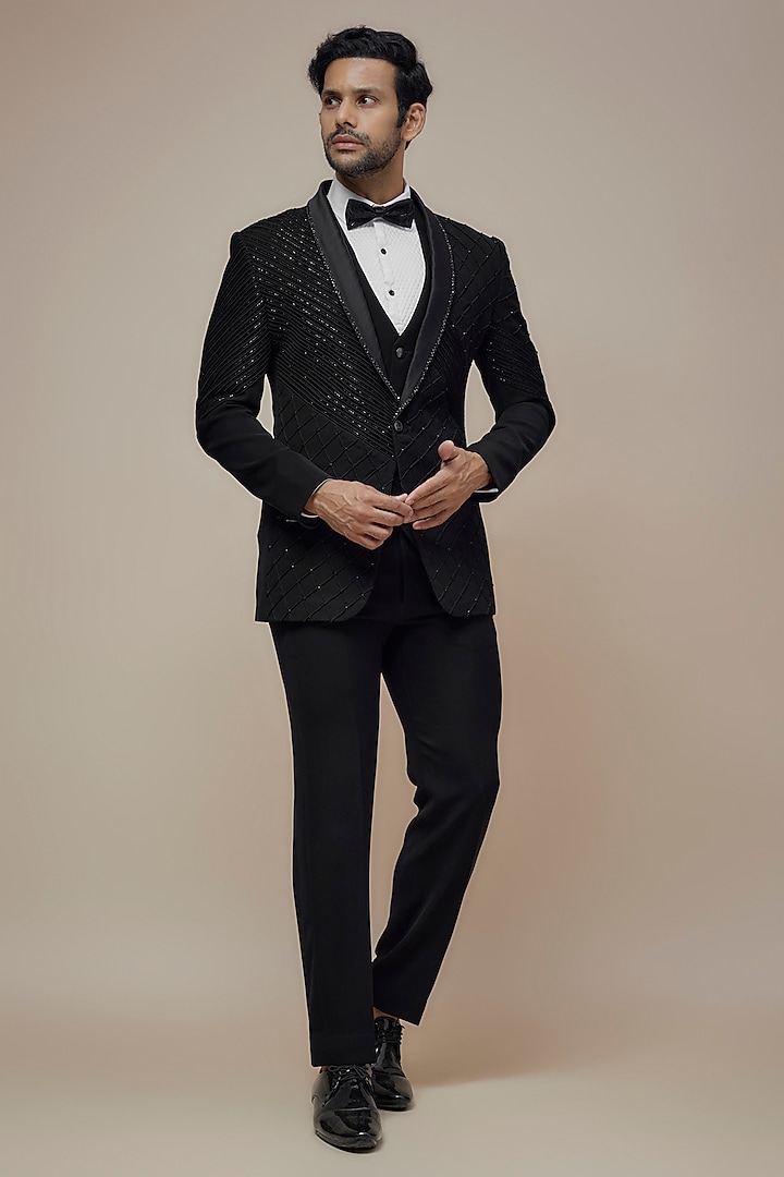 Black Japanese Suiting Cutdana Embroidered Tuxedo Set by RE CHANNEL