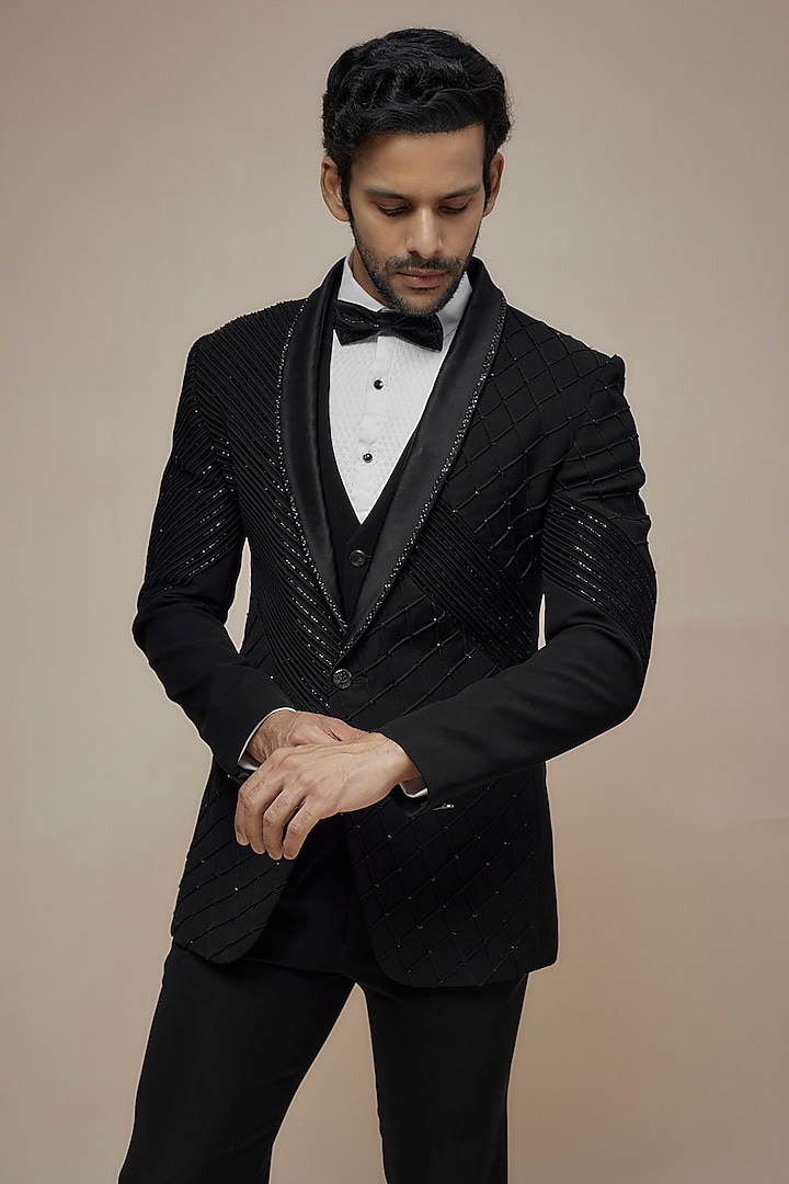Black Japanese Suiting Cutdana Embroidered Tuxedo Set by RE CHANNEL at Pernia's Pop Up Shop