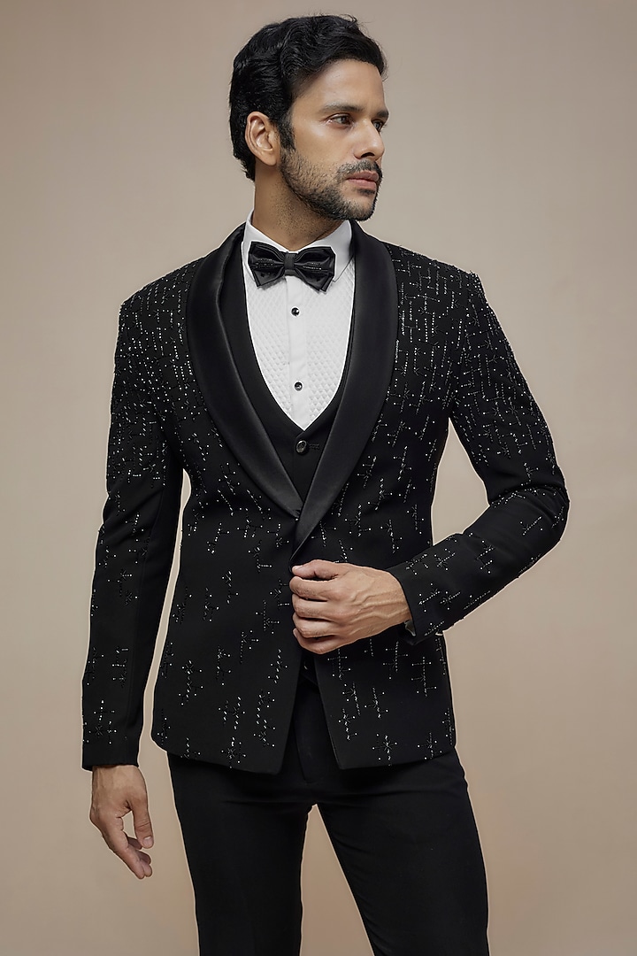 Black Japanese Suiting Cutdana Embellished Tuxedo Set by RE CHANNEL at Pernia's Pop Up Shop