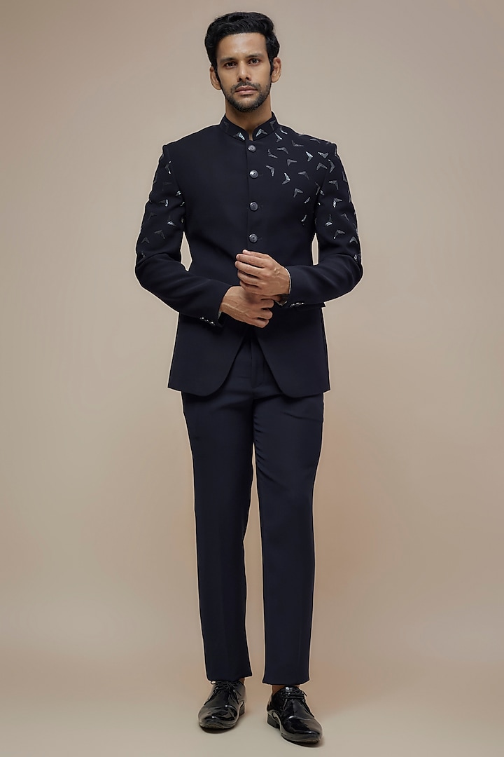 Navy Blue Japanese Suiting Salli Embroidered Bandhgala Set by RE CHANNEL