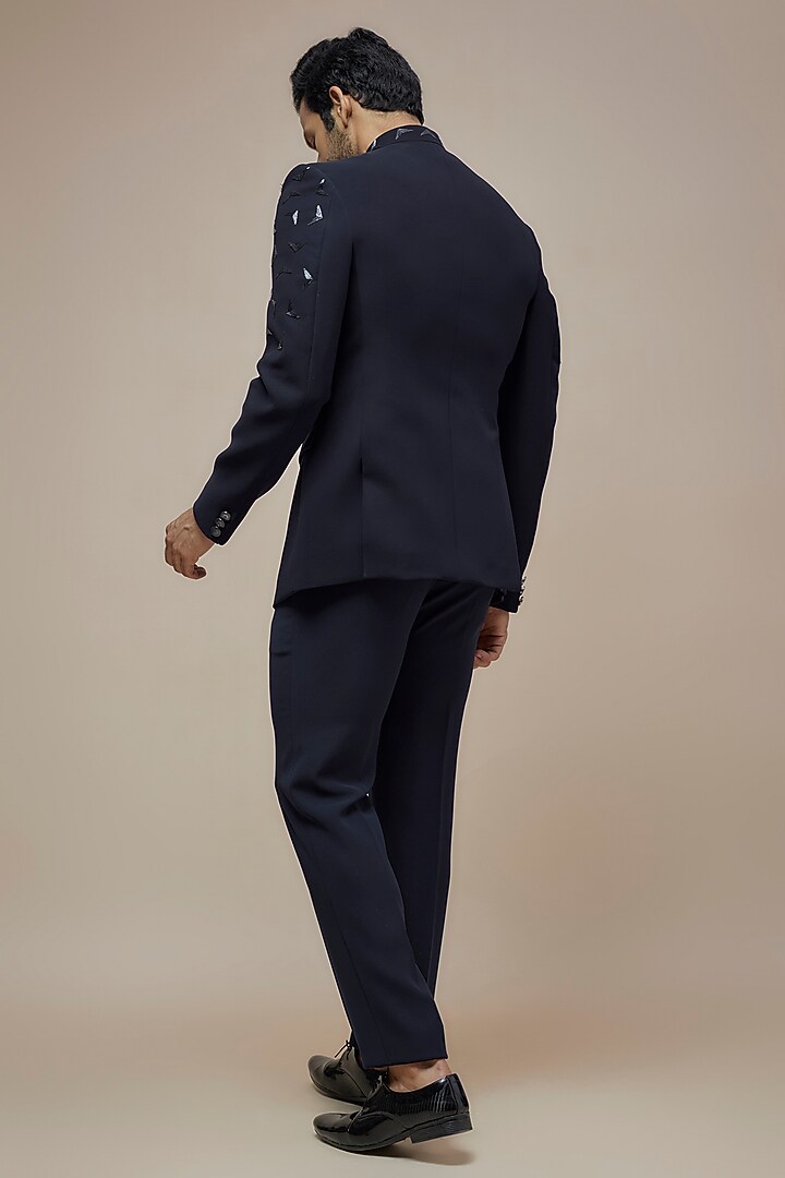 Navy Blue Japanese Suiting Salli Embroidered Bandhgala Set by RE CHANNEL at Pernia's Pop Up Shop