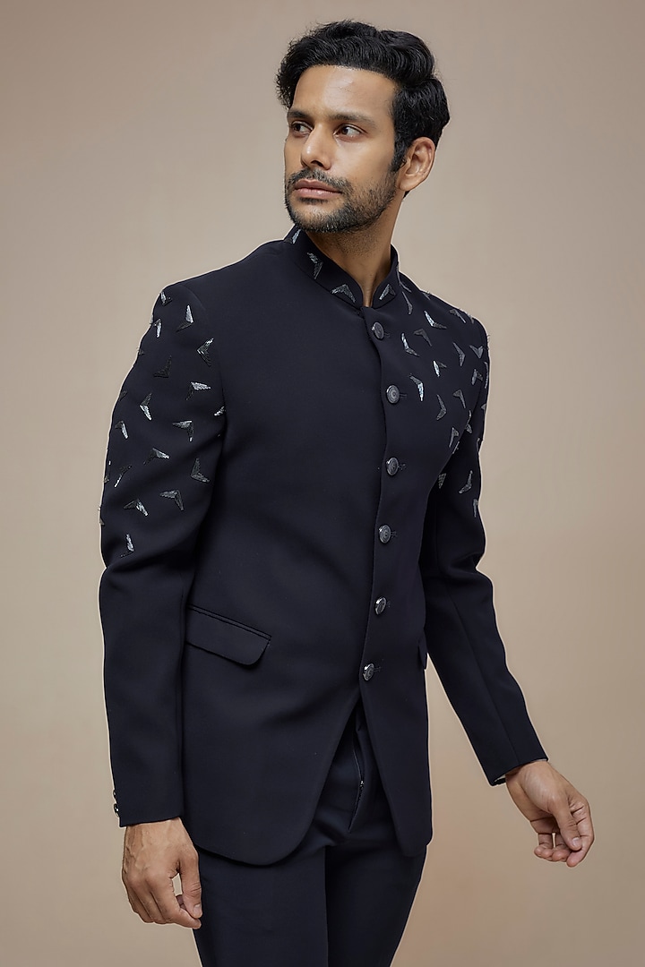 Navy Blue Japanese Suiting Salli Embroidered Bandhgala Set by RE CHANNEL at Pernia's Pop Up Shop