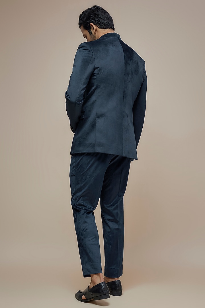 Blue Suede Patch Embroidered Bandhgala Set by RE CHANNEL at Pernia's Pop Up Shop
