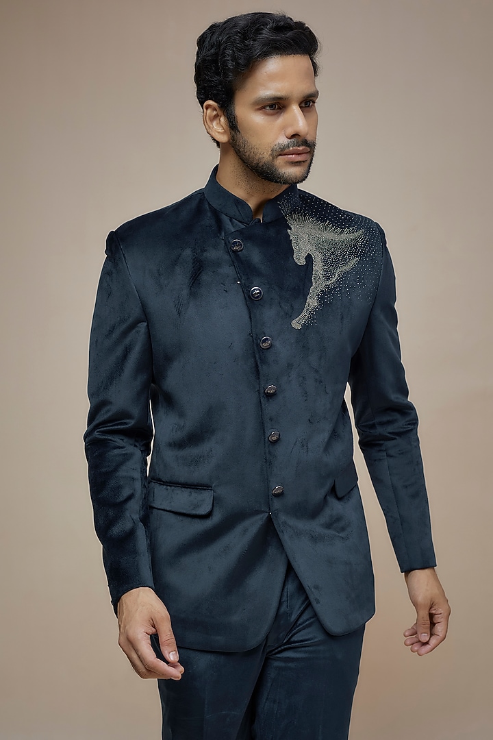 Blue Suede Patch Embroidered Bandhgala Set by RE CHANNEL at Pernia's Pop Up Shop