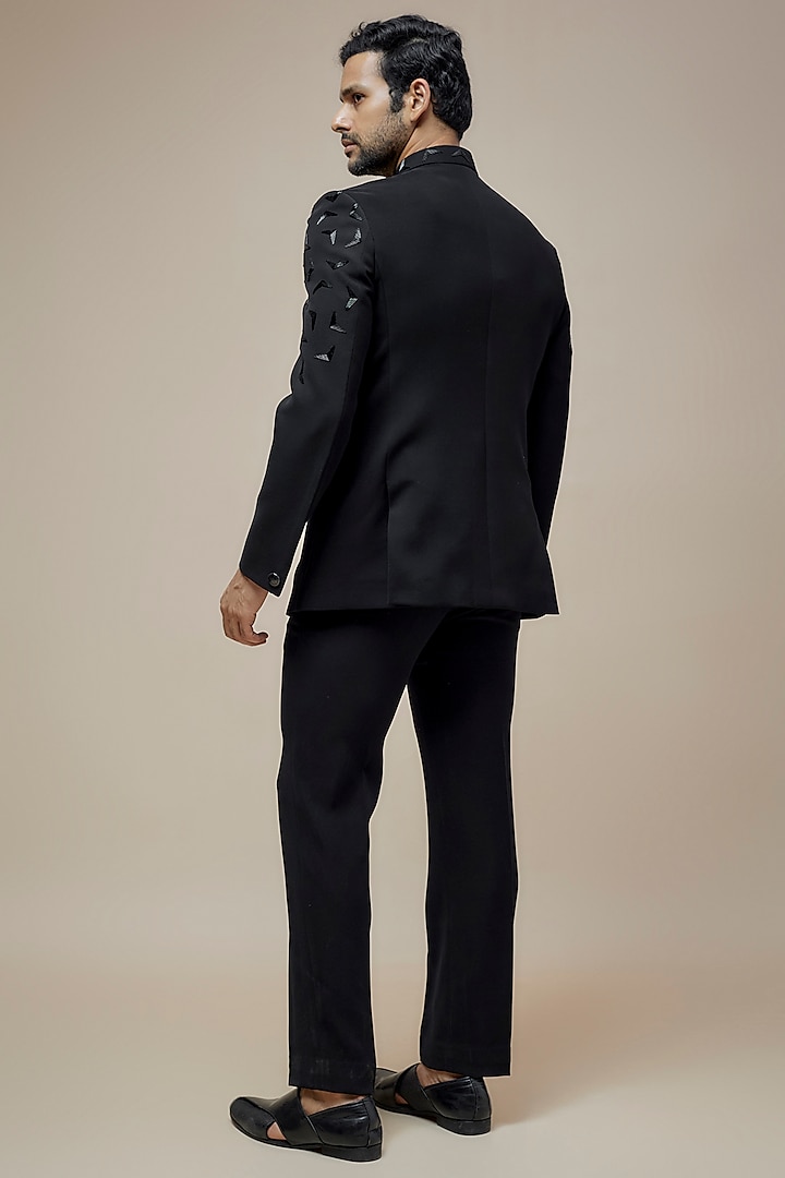 Black Japanese Suiting Salli Embroidered Bandhgala Set by RE CHANNEL at Pernia's Pop Up Shop