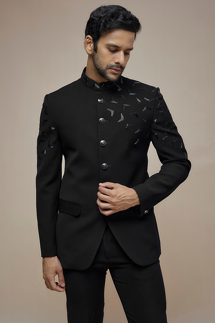 Black Japanese Suiting Salli Embroidered Bandhgala Set by RE CHANNEL at Pernia's Pop Up Shop