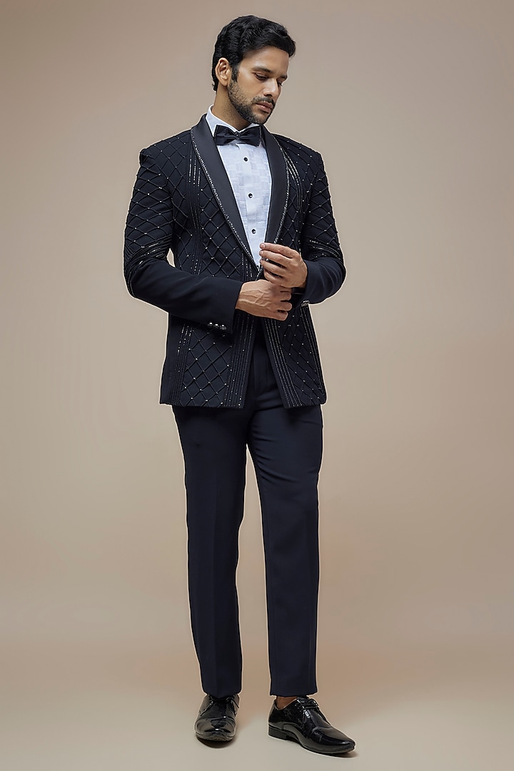 Blue Japanese Suiting Cutdana Embroidered Tuxedo Set by RE CHANNEL at Pernia's Pop Up Shop