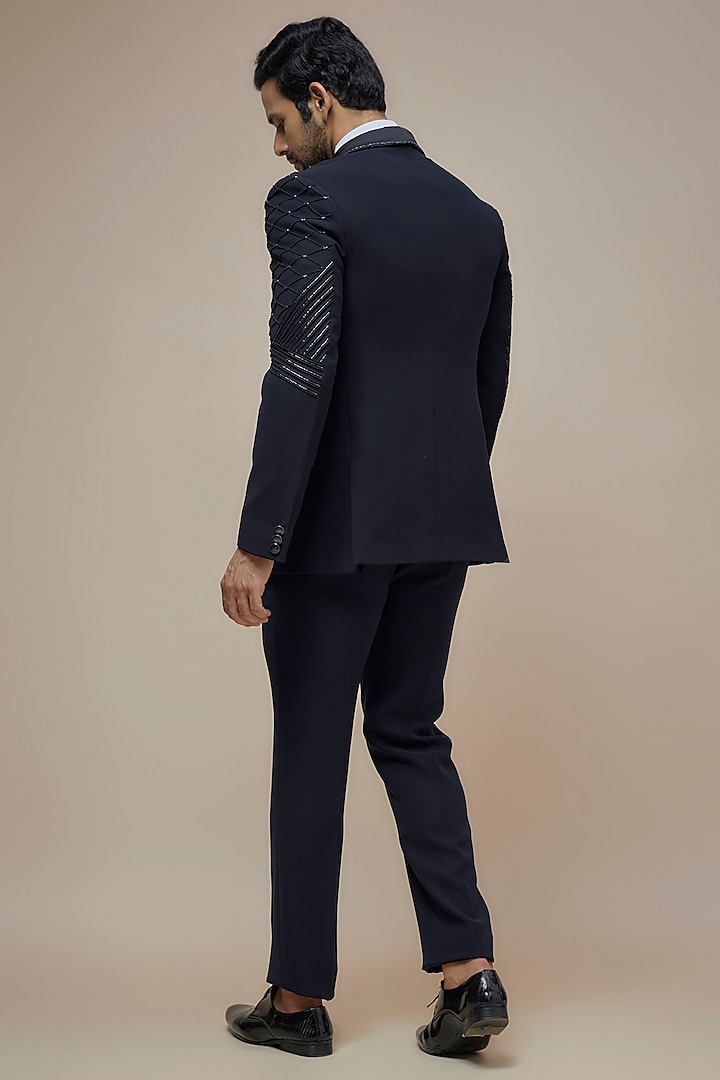 Blue Japanese Suiting Cutdana Embroidered Tuxedo Set by RE CHANNEL at Pernia's Pop Up Shop