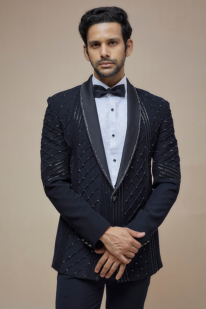 Blue Japanese Suiting Cutdana Embroidered Tuxedo Set by RE CHANNEL at Pernia's Pop Up Shop