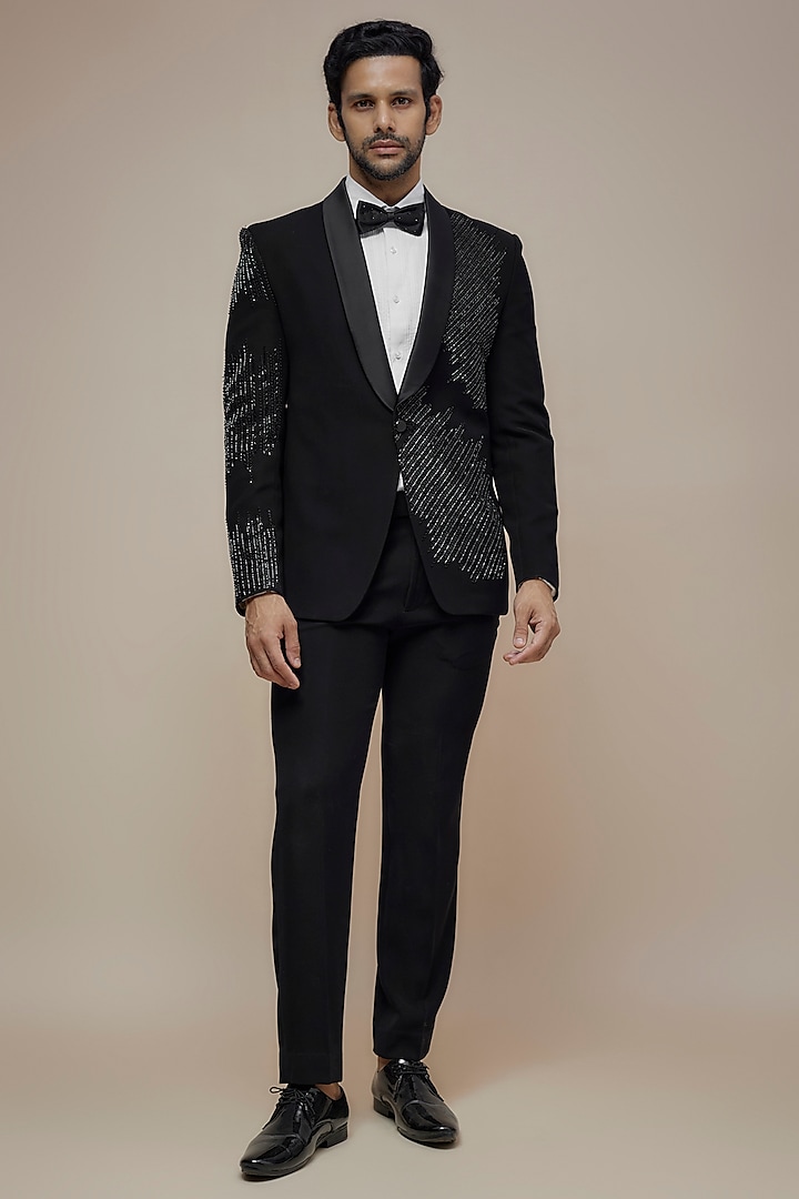 Black Japanese Suiting Cutdana Embroidered Tuxedo Set by RE CHANNEL