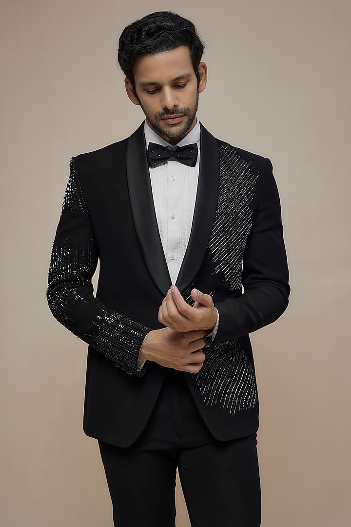 Black Japanese Suiting Cutdana Embroidered Tuxedo Set by RE CHANNEL at Pernia's Pop Up Shop