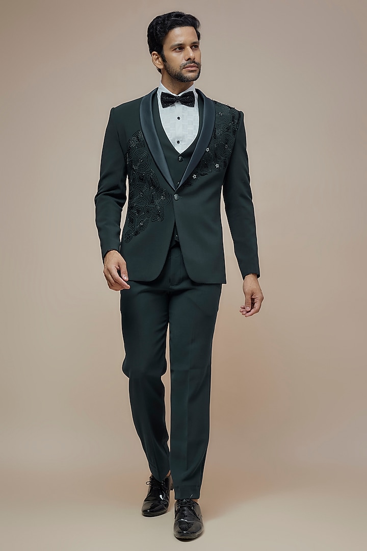 Teal Green Imported Suiting Cutdana Embroidered Tuxedo Set by RE CHANNEL