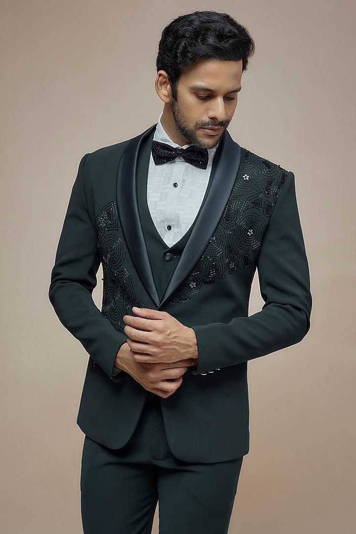 Teal Green Imported Suiting Cutdana Embroidered Tuxedo Set by RE CHANNEL at Pernia's Pop Up Shop