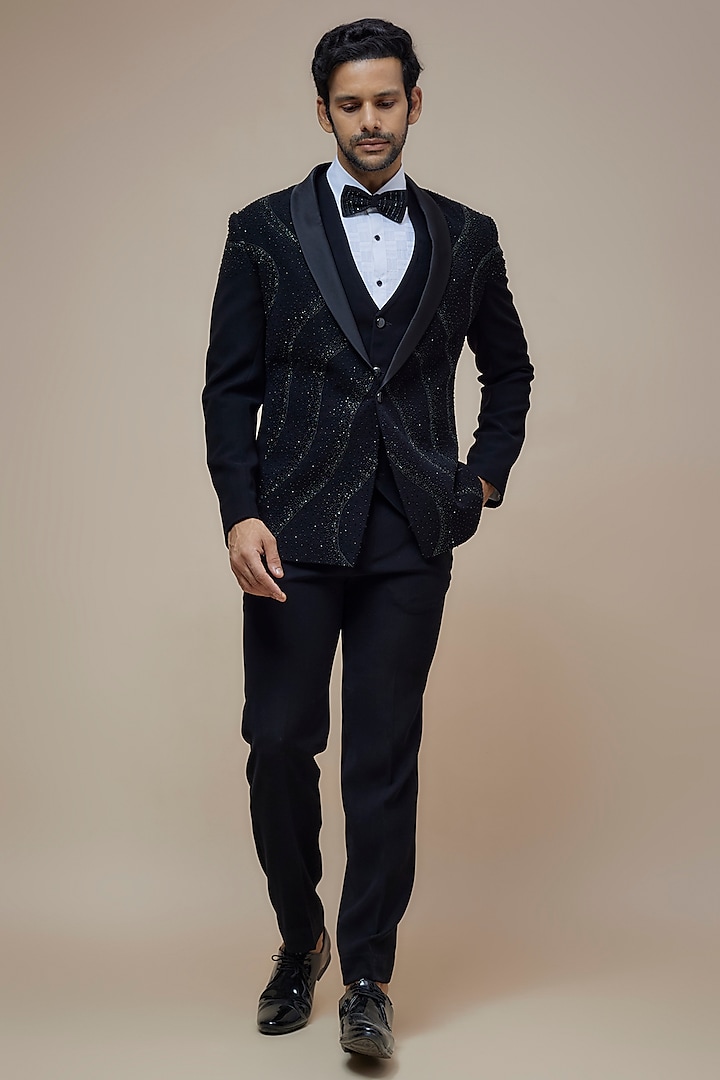 Black Japanese Suiting Embroidered Tuxedo Set by RE CHANNEL