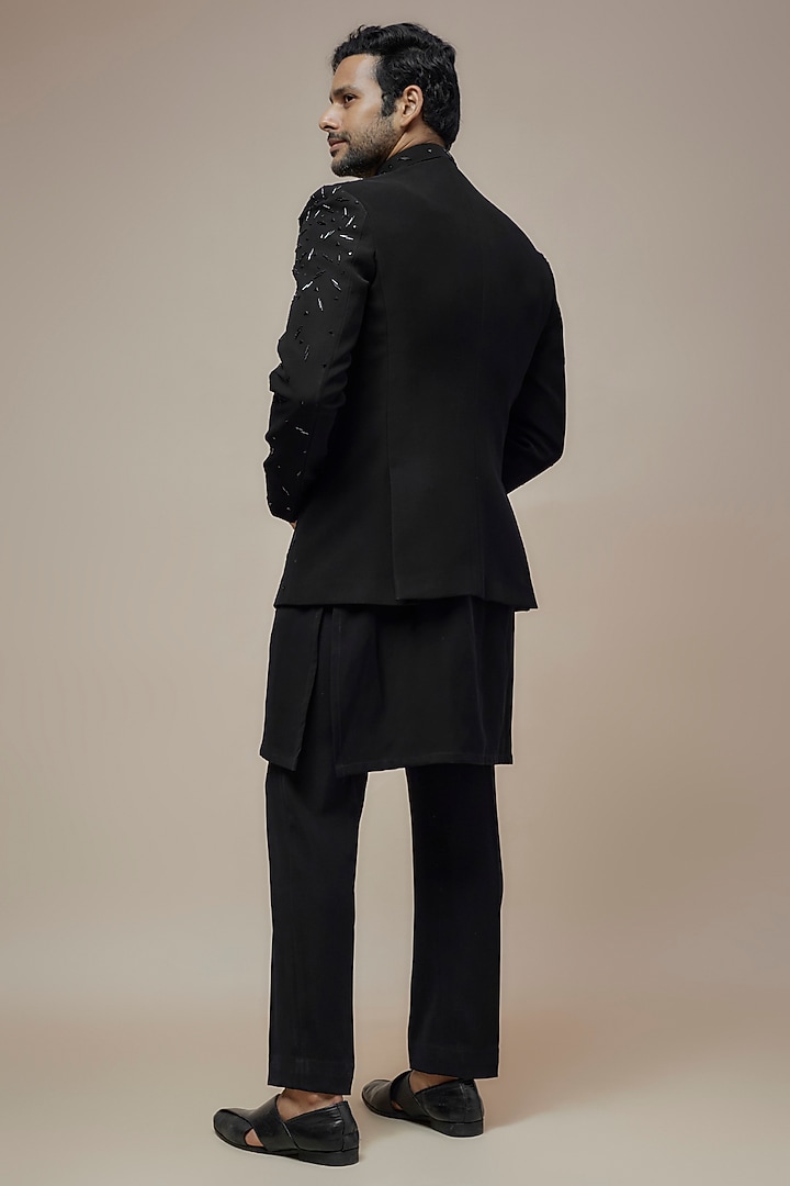 Black Japanese Suiting Salli Embroidered Wedding Bandhgala Set by RE CHANNEL at Pernia's Pop Up Shop