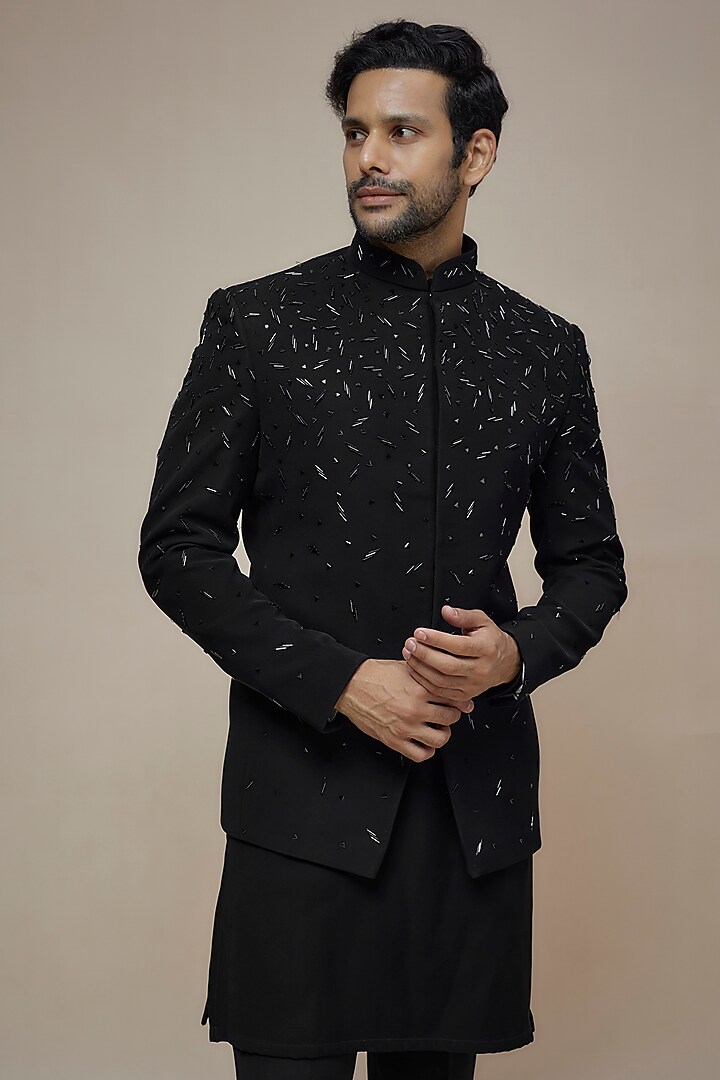 Black Japanese Suiting Salli Embroidered Wedding Bandhgala Set by RE CHANNEL at Pernia's Pop Up Shop