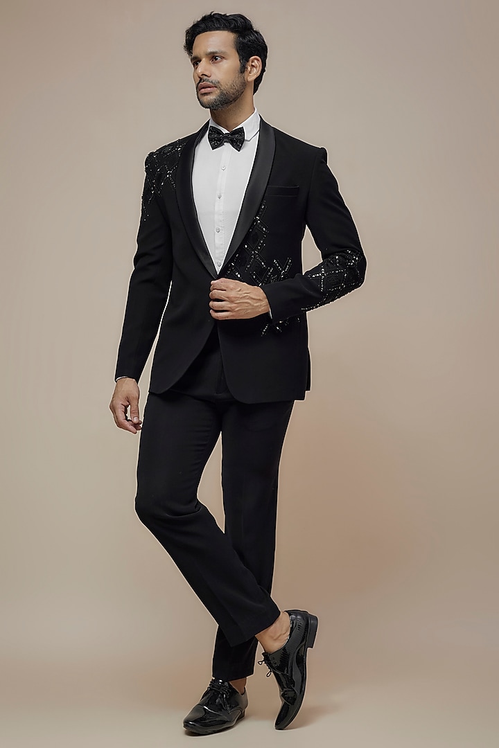 Black Japanese Suiting Resham Embroidered Tuxedo Set by RE CHANNEL