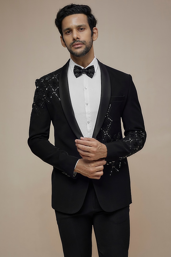Black Japanese Suiting Resham Embroidered Tuxedo Set by RE CHANNEL at Pernia's Pop Up Shop