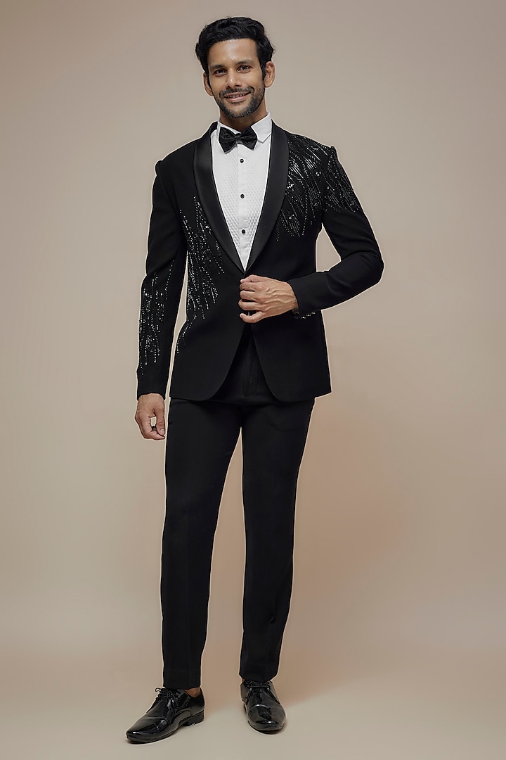 Black Japanese Suiting Cutdana Embroidered Tuxedo Set by RE CHANNEL