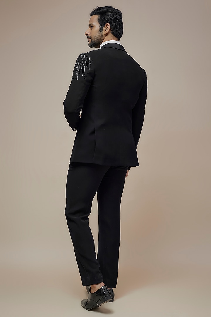 Black Japanese Suiting Cutdana Embroidered Tuxedo Set by RE CHANNEL at Pernia's Pop Up Shop
