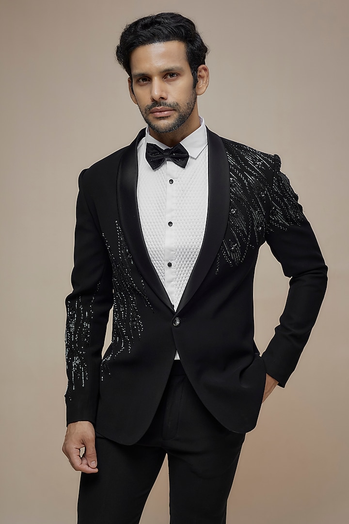 Black Japanese Suiting Cutdana Embroidered Tuxedo Set by RE CHANNEL at Pernia's Pop Up Shop