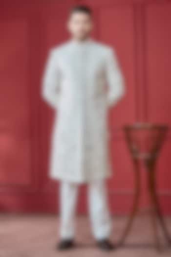 Off-White Silk Resham Work Wedding Sherwani Set by RE CHANNEL at Pernia's Pop Up Shop