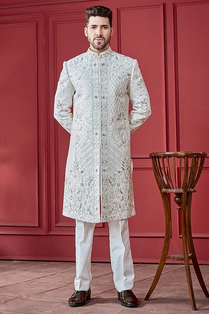 Off-White Silk Resham Work Wedding Sherwani Set by RE CHANNEL at Pernia's Pop Up Shop