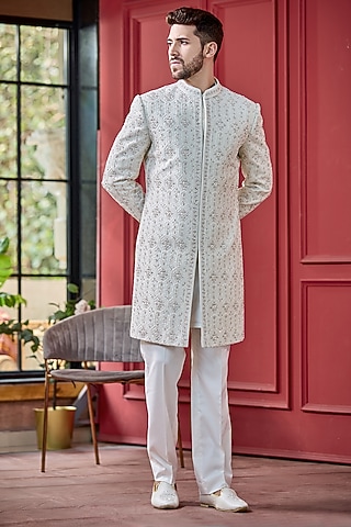 Ivory Silk Zardosi Work Lucknowi Sherwani Set by RE CHANNEL