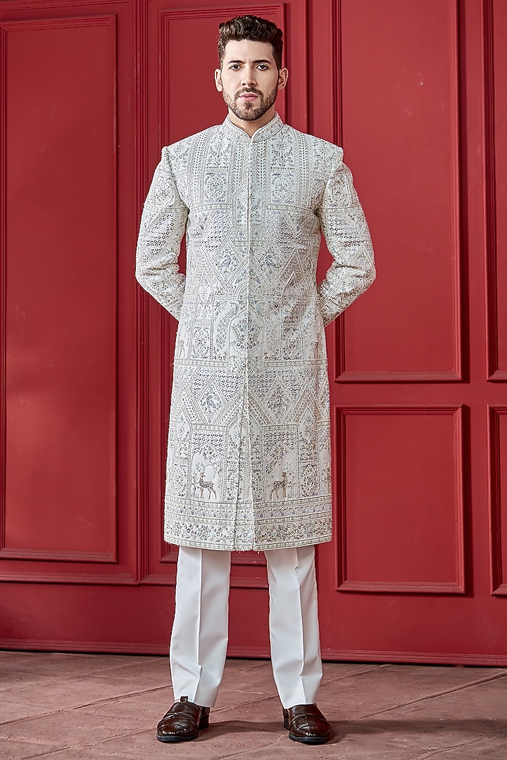 Lilac Silk Cutwork Sherwani Set by RE CHANNEL