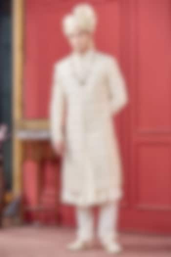 Light Gold Silk Metallic Thread Embroidered Sherwani Set by RE CHANNEL