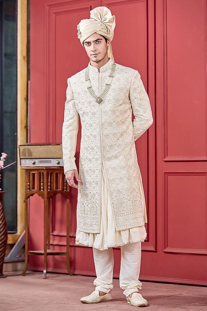 Light Gold Silk Metallic Thread Embroidered Sherwani Set by RE CHANNEL