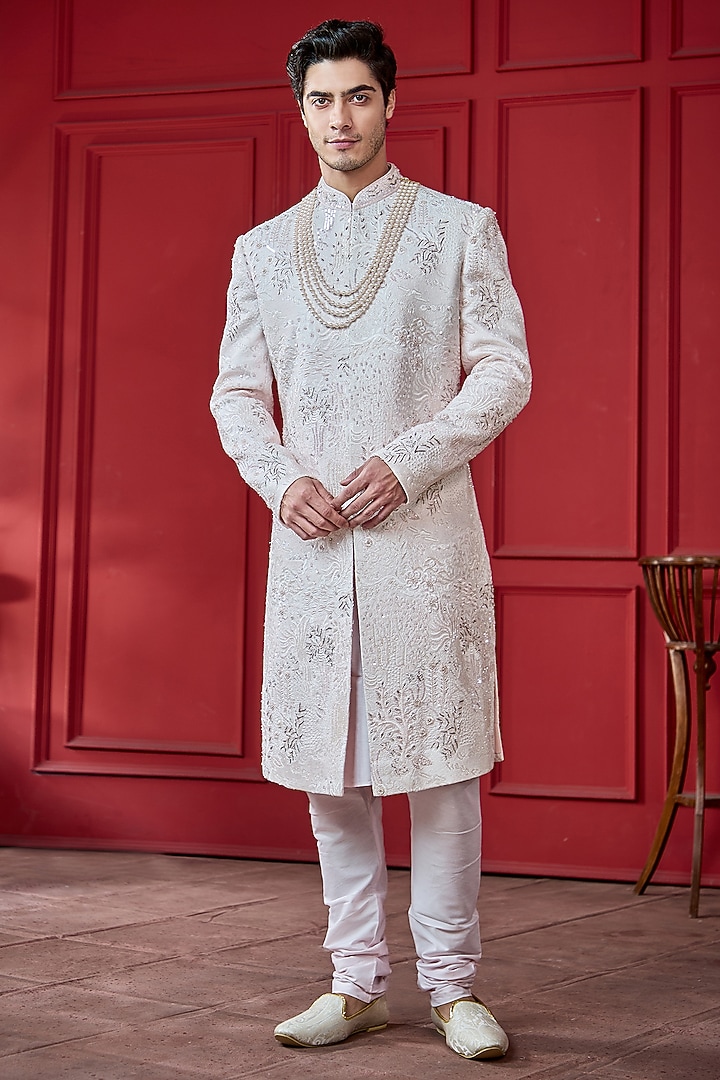 Light Pink Silk Threadwork Sherwani Set by RE CHANNEL