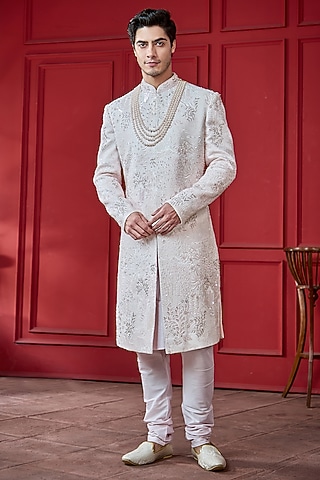 Light Pink Silk Threadwork Sherwani Set by RE CHANNEL