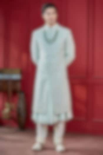 Mint Green Silk Zardosi Work Sherwani Set by RE CHANNEL