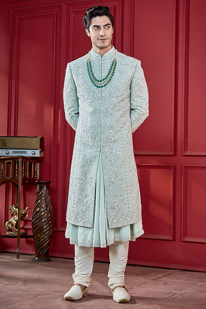 Mint Green Silk Zardosi Work Sherwani Set by RE CHANNEL